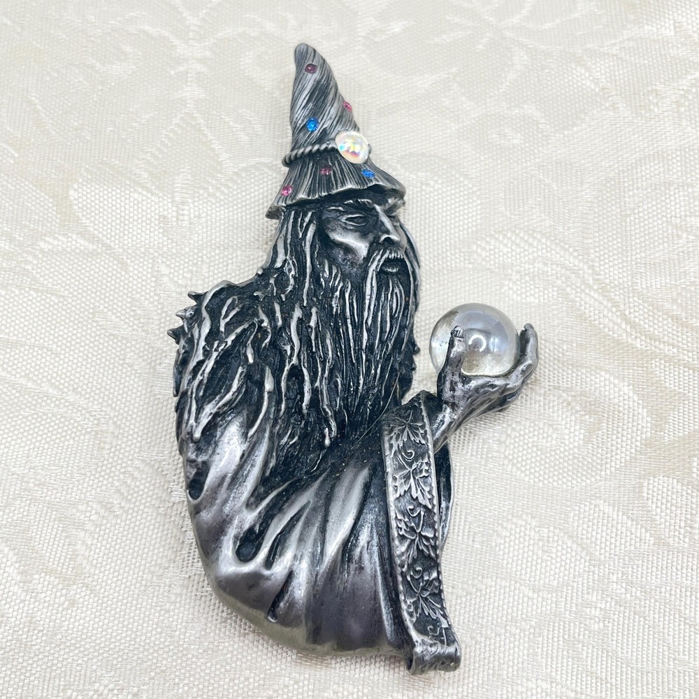 Vintage JJ Jonette Jewelry Pewter Wizard Sorcerer w/ Crystal Ball Orb Big Brooch
